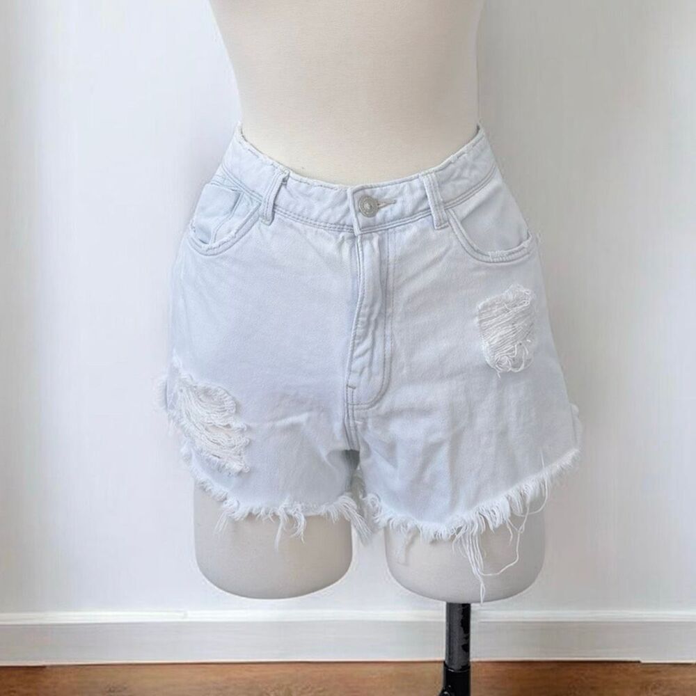 Zara High Rise Denim Jean Shorts Cut Off Wash Light Wash Distressed Bleach 6